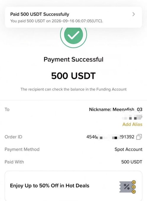 A "Payment Successful" confirmation screen showing a transfer of 500 USDT to a recipient with the nickname "Meenafish 03" via Spot Account, dated 2026-09-16. The image appears to be used as proof of payment to promote a "follow and repost" giveaway promising 500 USDT transfers to 30 randomly selected participants.