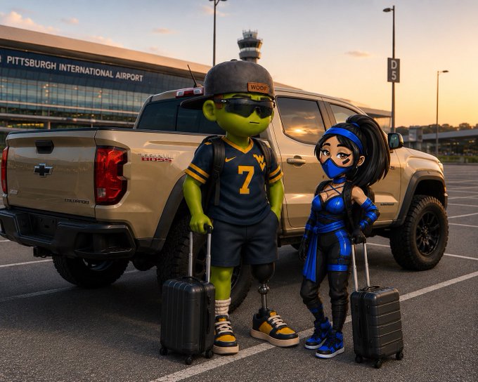 Two stylized 3D characters - a green figure in a WVU football jersey (#7) and a blue-outfitted female figure - stand with luggage in front of a Chevrolet pickup truck at Pittsburgh International Airport.