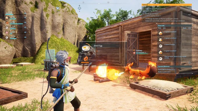 Gameplay screenshot from a survival crafting game showing a character cooking 'Fried Egg' on a campfire next to a wooden building, with a 'Base Info' tutorial menu on the right.