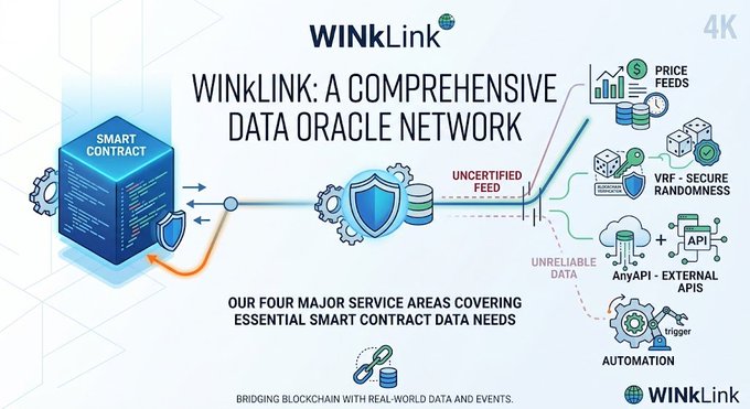 An infographic titled 'WINKLINK: A COMPREHENSIVE DATA ORACLE NETWORK' illustrating four major service areas: Price Feeds, VRF-Secure Randomness, AnyAPI-External APIs, and Automation, bridging blockchain with real-world data.