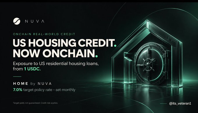 A promotional graphic for NUVA reading "ONCHAIN REAL-WORLD CREDIT, US HOUSING CREDIT NOW ONCHAIN," advertising HOME by NUVA with a 7.0% target policy rate and an image of a glass vault, tagged @its_veteran1.