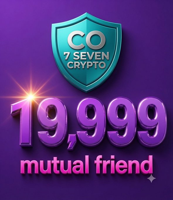 An advertisement graphic with a purple background displays a large "19,999" in 3D text above the words "mutual friend," alongside a teal shield logo for "7 SEVEN CRYPTO."