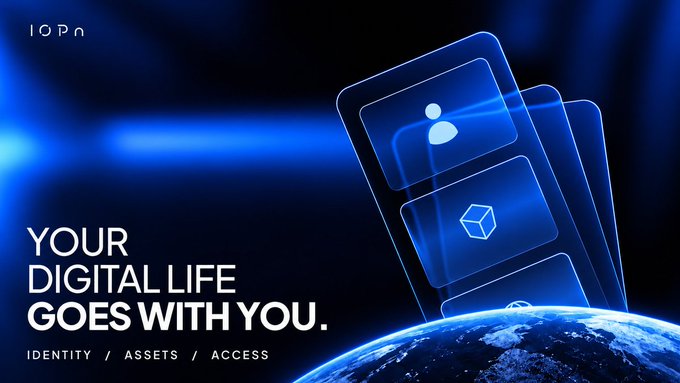 A digital advertisement features the text "IOPn" and "YOUR DIGITAL LIFE GOES WITH YOU. IDENTITY / ASSETS / ACCESS" alongside glowing blue digital cards over an image of Earth.