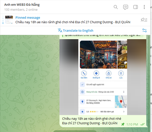 A Telegram chat titled 'Anh em WEB3 Đà Nẵng' with a pinned message in Vietnamese arranging a meetup at 27 Chương Dương.