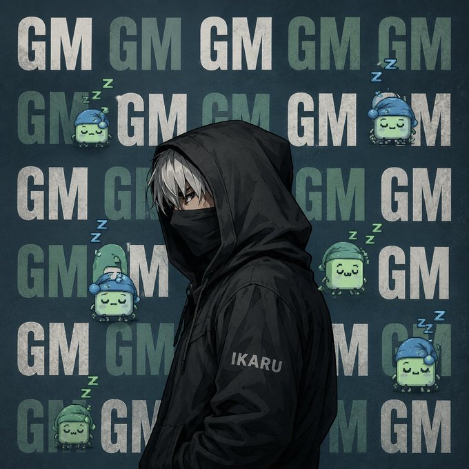 An anime-style character in a black hooded jacket named 'IKARU' stands in front of a repeating 'GM' pattern filled with sleeping green slime characters.