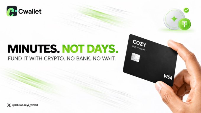 A promotional image for "Cwallet" showing a hand holding a black "Cozy USD Premium" Visa card, with the tagline "MINUTES. NOT DAYS. FUND IT WITH CRYPTO. NO BANK. NO WAIT." and decorative crypto coin icons. The image directly illustrates the post's point by offering an alternative to the lengthy, document-heavy traditional bank card process, emphasizing crypto-funded approval in minutes rather than days.