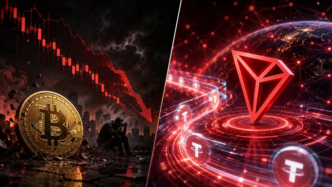 A split-screen crypto graphic showing a crashing Bitcoin chart on the left with a despondent figure, and a glowing red Tron (TRX) logo with flowing digital streams on the right.