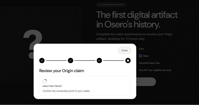 A screenshot showing a "Review your Origin claim" modal window over a page titled "The first digital artifact in Osero's history", with a status of "AWAITING PROOF".