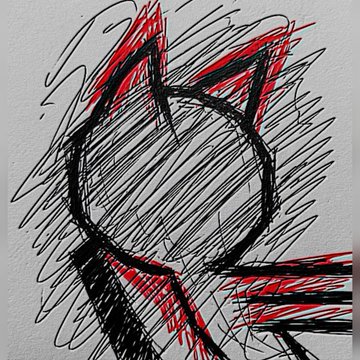 A heavily cross-hatched ink sketch depicts a red and black feline figure, its stylized features rendered in chaotic scribbles that evoke a raw, expressive energy. The abstract cat illustration complements the post's whimsical "Happy International cat day" message and cryptic hashtag, lending a cryptic, almost esoteric visual tone to the celebratory sentiment.