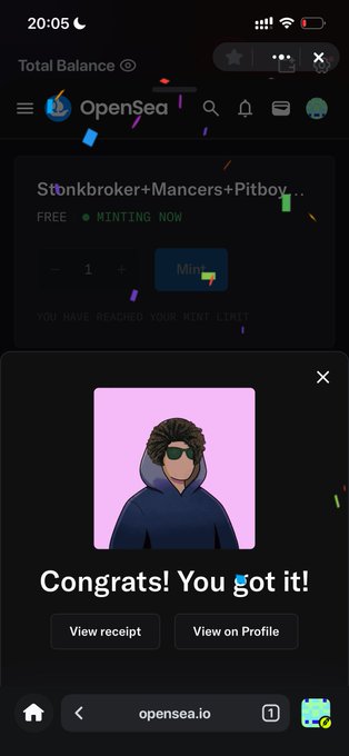 Mobile screenshot of OpenSea showing a successful NFT mint with the message 'Congrats! You got it!' alongside a cartoon avatar with sunglasses.