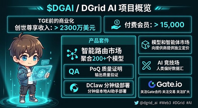 A project overview graphic for '$DGAI / DGrid AI' with a cartoon boy character, highlighting revenue over $23 million and 15,000+ paid members.