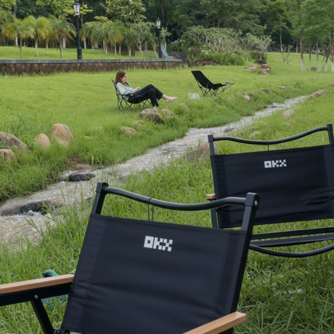 A person relaxes in a black OKX-branded camping chair in a grassy park with a small stream, with another empty OKX chair visible in the foreground.