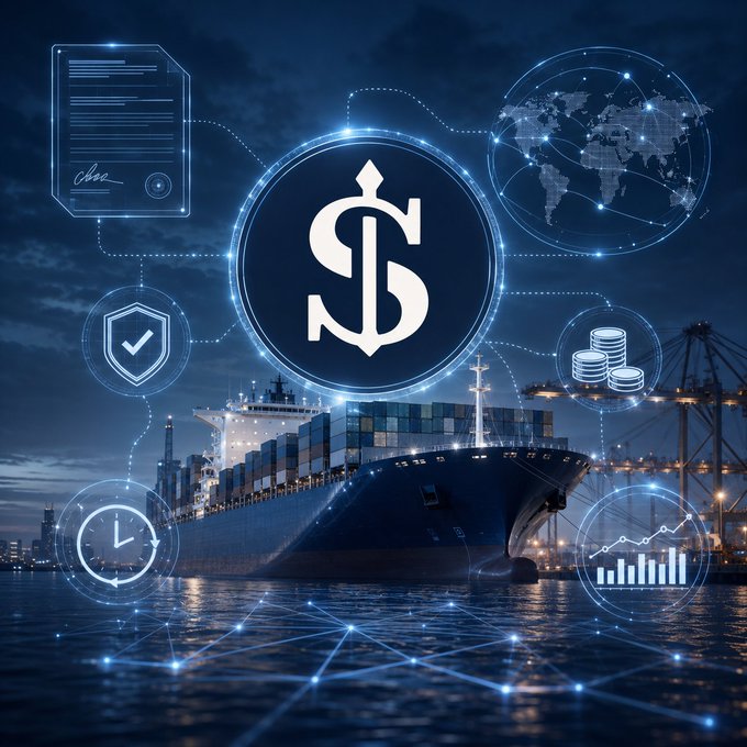 Digital illustration of a large cargo ship at a port at night, overlaid with glowing blue tech graphics including a dollar sign in a circle, a world map, a document, a shield, coins, a clock, and a bar chart.