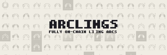 A pixel-art style banner for 'ARCLINGS - FULLY ON-CHAIN LIVING ARCS', featuring a repeating pattern of small arched creature icons in the background.