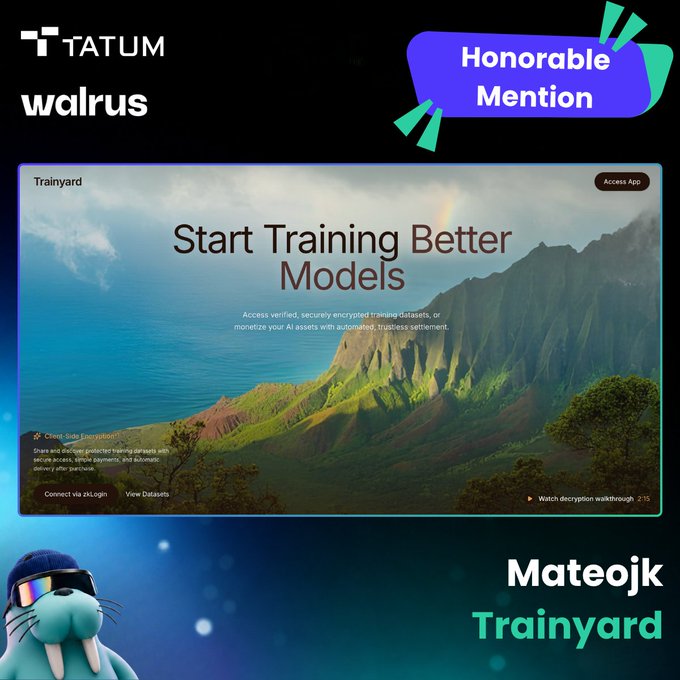 The image features a website called "Start Training Better Models" with a picture of a mountain landscape. The website has a blue background, white text, and a green border. It appears to be promoting a project or service related to training AI models. In the bottom right corner, there is a small image of a seal wearing sunglasses.