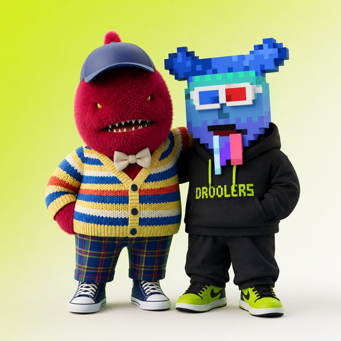 Two stylized characters posing together on a green gradient background: a red furry monster wearing a striped sweater, cap, and plaid pants, and a blue pixelated creature wearing 3D glasses and a black hoodie labeled 'DROOLERS'.