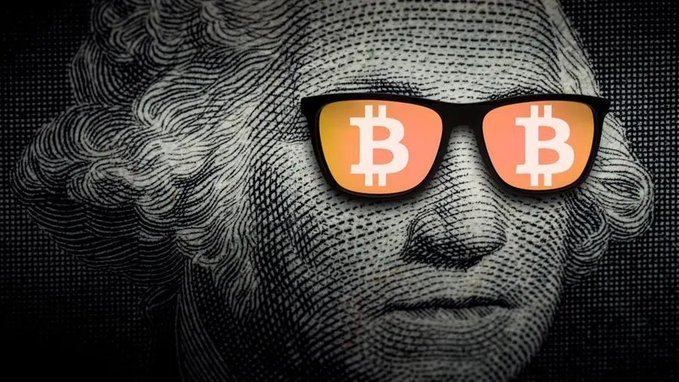 A close-up of George Washington's face on the one-dollar bill wearing orange-tinted sunglasses featuring the Bitcoin "₿" logo in place of the lenses. The image visually reinforces the post's theme by merging traditional fiat currency imagery with the Bitcoin logo, symbolizing the growing prominence of $BTC as it surges back into the $80,000 range and squeezes short sellers.