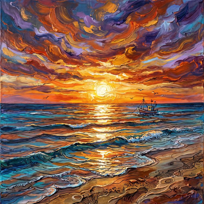 A vibrant, impressionistic oil painting depicts a dramatic sunset over the ocean, with swirling orange, purple, and blue clouds, a small boat on the horizon, and textured waves reflecting the golden light on the shore.