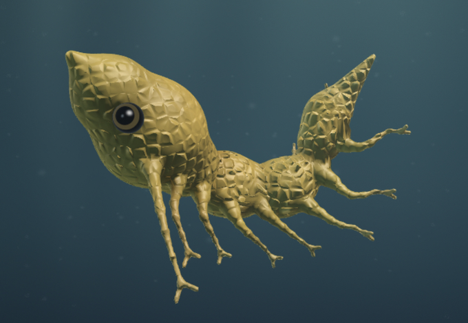 A 3D-rendered golden creature with a large eye and multiple spindly legs floats against a dark blue background with small particles.