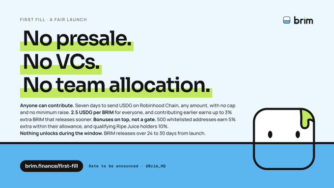 A promotional graphic for Brim's "First Fill" fair launch event, featuring the bold headlines "No presale. No VCs. No team allocation." against a blue background, alongside an illustration of a pill-shaped character with green liquid. The text details that anyone can contribute USDC on Robinhood Chain over seven days with a 2.5 USDC per BRIM rate, with up to 3% extra for early contributions and 5% for whitelisted addresses. The bottom includes the URL "brim.finance/first-fill" with a note that the date is to be announced, reinforcing the post's message about an upcoming, equitable token generation event.
