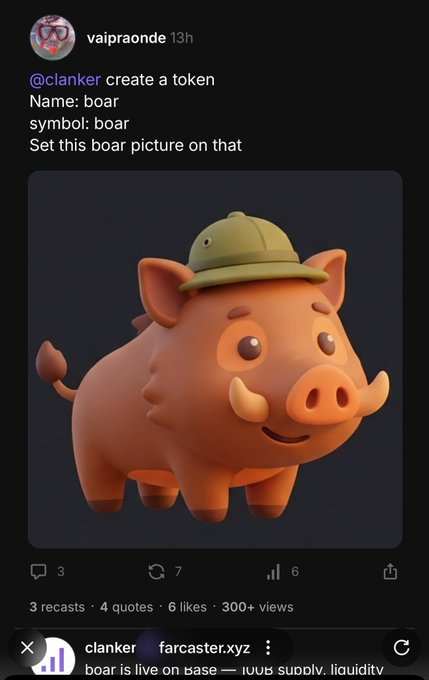 A Farcaster post by user 'vaipraonde' tagging '@clanker' to create a token named 'boar' with the symbol 'boar', accompanied by a 3D illustration of a cartoon boar wearing a green cap, and a bottom banner indicating it's on base.
