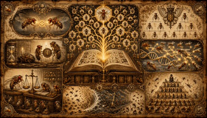An intricate, sepia-toned collage featuring bees, an open illuminated book with a glowing golden tree, scientific illustrations, DNA strands, and various other symbolic images.