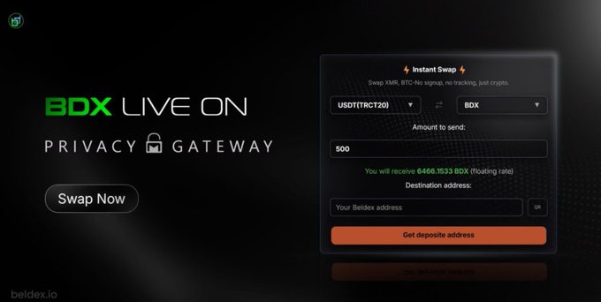 The image displays a promotional graphic for Beldex (BDX) featuring a dark-themed "Instant Swap" interface that allows users to exchange USDT (TRC20) for BDX with no KYC or tracking—showing a sample swap of 500 USDT to 6466.1533 BDX. The tagline "BDX LIVE ON - PRIVACY GATEWAY" reinforces the tweet's point about Beldex actively building privacy infrastructure, as the swap tool exemplifies a practical, privacy-focused service on the network.