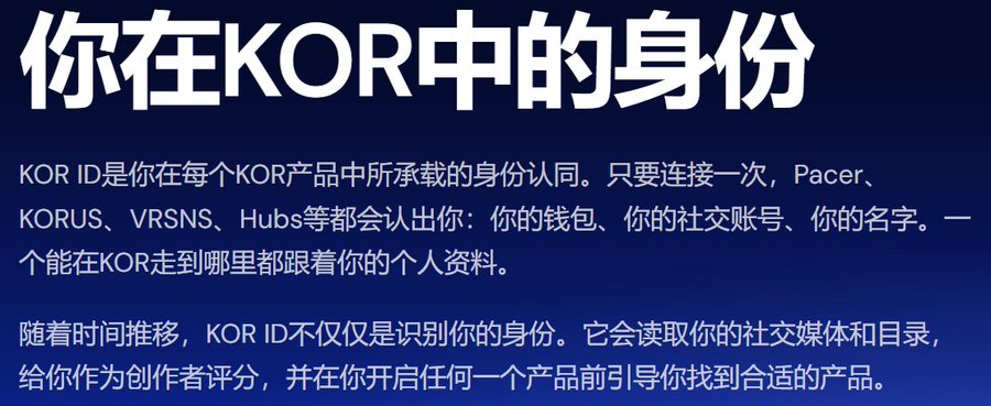 An informational graphic with Chinese text explaining your identity within KOR, stating that KOR ID serves as your identity recognition across KOR products like Pacer, KORUS, VRSNS, and Hubs.