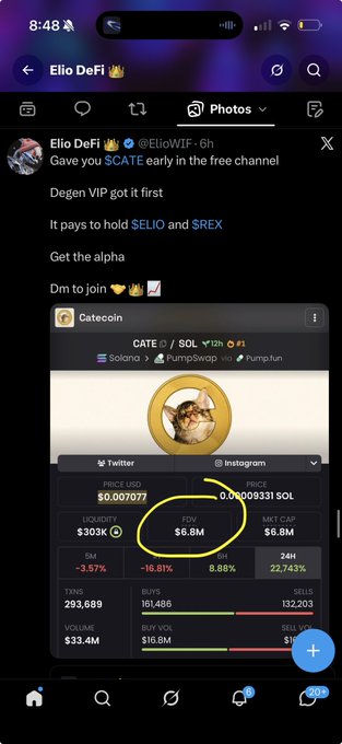 A mobile screenshot of an X (Twitter) post by 'Elio DeFi (@ElioWiF)' promoting a $CATE token, featuring an embedded chart showing CATE/SOL price at $0.007077 with an $8.8M FDV circled in yellow.
