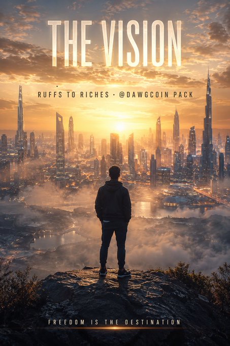 The image features a man standing on top of a cliff, overlooking a cityscape with tall buildings at sunset. The caption reads "I'm on a road from ruffs-to-riches with the @dawgcoin_stx pack. The version of me I'm building toward wakes up free. No boss. No clock. Just code, income, and ownership. That's the vision." This post is related to the vision theme as it talks about a man standing on top of a cliff overlooking a cityscape at sunset, which could symbolize the idea that one can achieve their goals by focusing on their vision and working towards them with determination and perseverance.