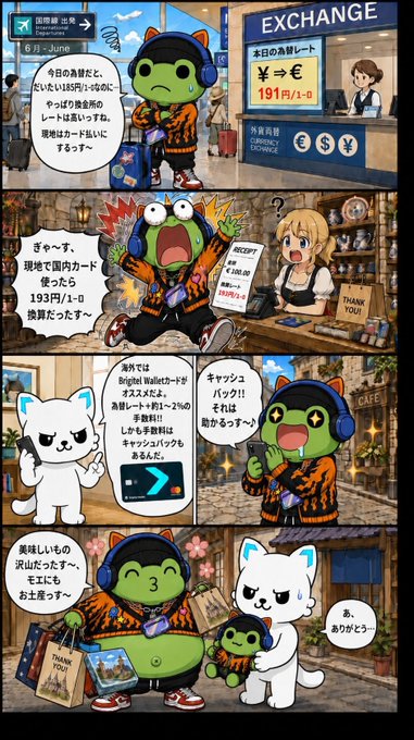 A four-panel comic in Japanese featuring a frog character in an orange and black outfit exchanging currency at a shop, using a Bright Wallet card to pay a 193 yen fee, and later walking with a white cat character carrying shopping bags.