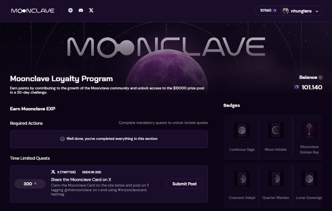 A screenshot of the Moonclave loyalty program page showing a balance of 101,140 Moonclaves, various badges (Luminous Sage, Moon Initiate, Crescent Adept, etc.), and time-limited quests.