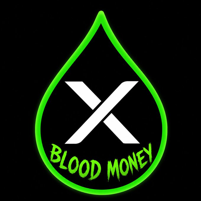 A neon green logo featuring a white X symbol inside a green droplet outline, with the text 'BLOOD MONEY' displayed in green lettering on a black background.