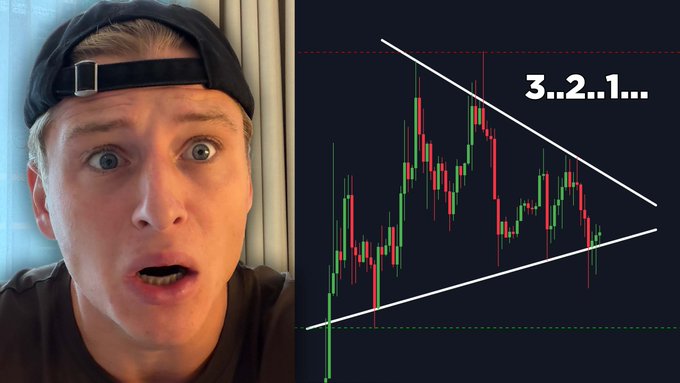 A surprised-looking man in a backwards cap appears alongside a Bitcoin price chart showing a descending triangle pattern, with the on-screen text "3...2...1..." suggesting a countdown to a potential breakout, reinforcing the post's urgent message that "#BITCOIN IS RUNNING OUT OF TIME."