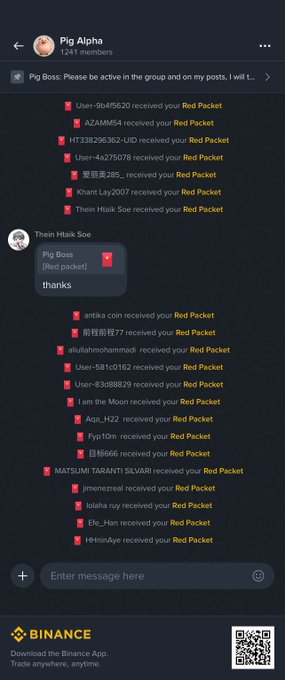 A Telegram group chat titled 'Pig Alpha' showing numerous notifications of users receiving Red Packets from 'Thein Htaik Soe' (Pig Boss), with a Binance QR code at the bottom.