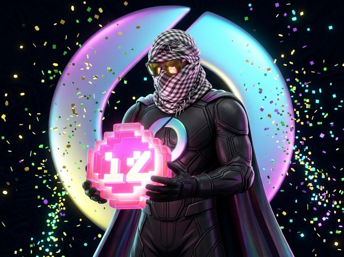 A digital artwork of a masked figure in a tactical suit holding a glowing pink pixel-art heart, set against a colorful circular background with confetti.
