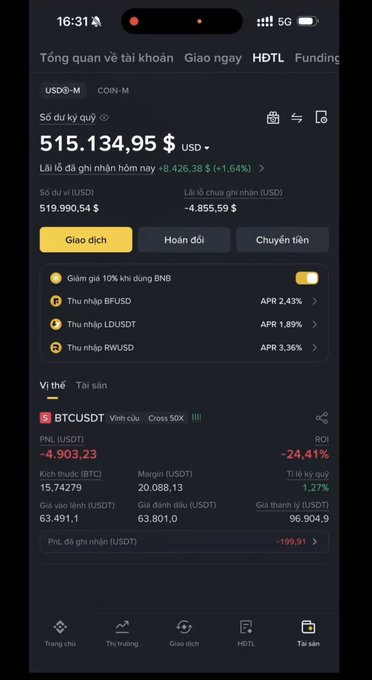 A Binance mobile app account overview in Vietnamese, showing a portfolio balance of 515,134.95 USD with a +1.64% daily gain, and a BTCUSDT position showing a -24.41% ROI.