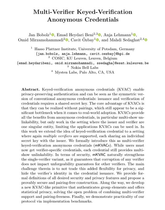 First page of an academic paper titled 'Multi-Verifier Keyed-Verification Anonymous Credentials' by Jan Bobolz and co-authors from Hasso Plattner Institute, COSIC KU Leuven, Nokia Bell Labs, and Mysten Labs.