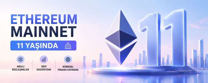 A promotional banner celebrating Ethereum Mainnet's 11th anniversary ("ETHEREUM MAINNET 11 YAŞINDA"), featuring the Ethereum logo and the large number "11" alongside icons for smart contracts, DeFi ecosystem, and corporate finance.