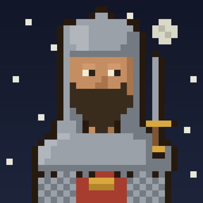 A pixel art depiction of a bearded warrior figure clad in armor and wielding a sword, set against a dark starry background, complementing the post's reference to the "Sherrif" character from the Merry Men NFT collection on the Robinhood chain.