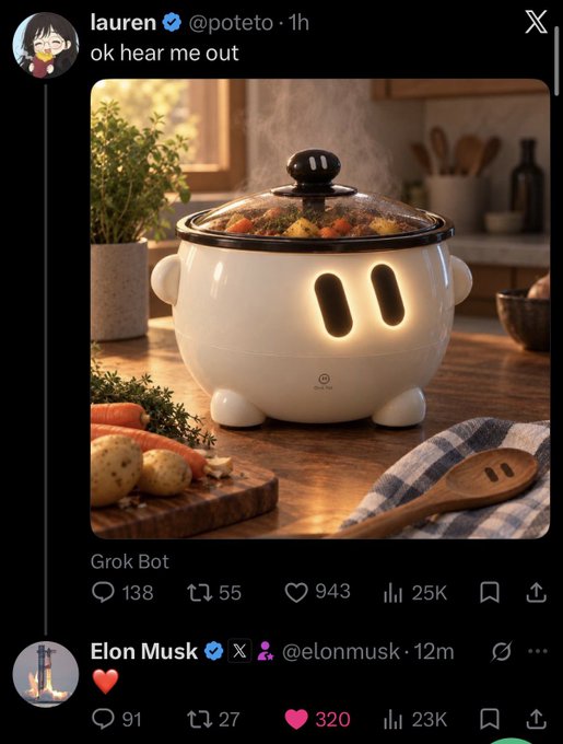 A social media post by user 'lauren' (@poteto) showing a cute white pot designed like a character with glowing eyes, featuring a reply with a heart from Elon Musk (@elonmusk).