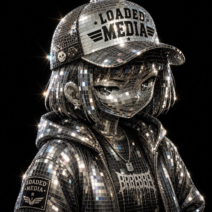 A 3D metallic disco ball-style character wears a 'LOADED MEDIA' cap and jacket against a black background.