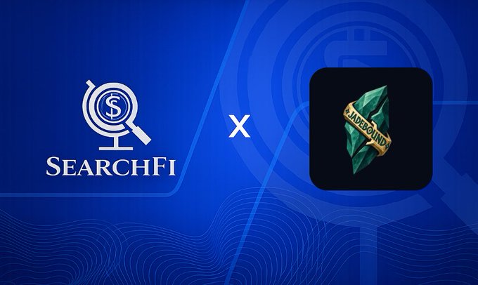 A blue graphic displays the 'SearchFi' logo featuring a globe with a dollar sign on the left, an 'x' in the middle, and a green emerald logo labeled 'JADEDBOUND' on the right.