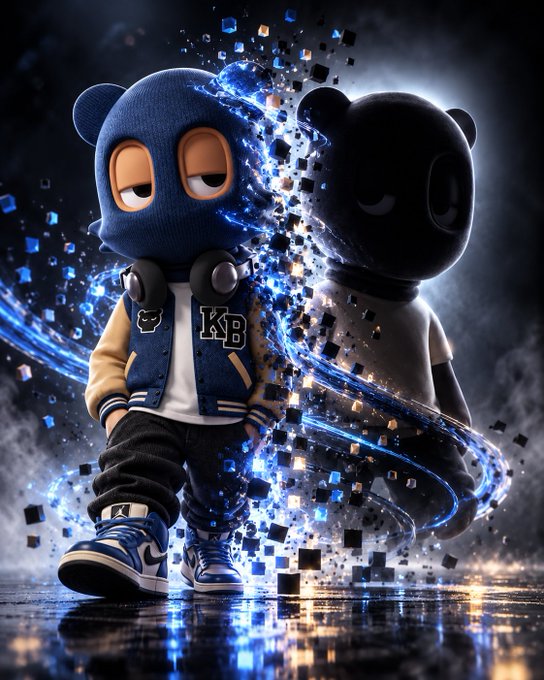 A 3D-rendered character resembling a bear or panda, wearing a blue beanie, varsity jacket, and 'KB' shirt, is dramatically dissolving into digital cubes and light trails.