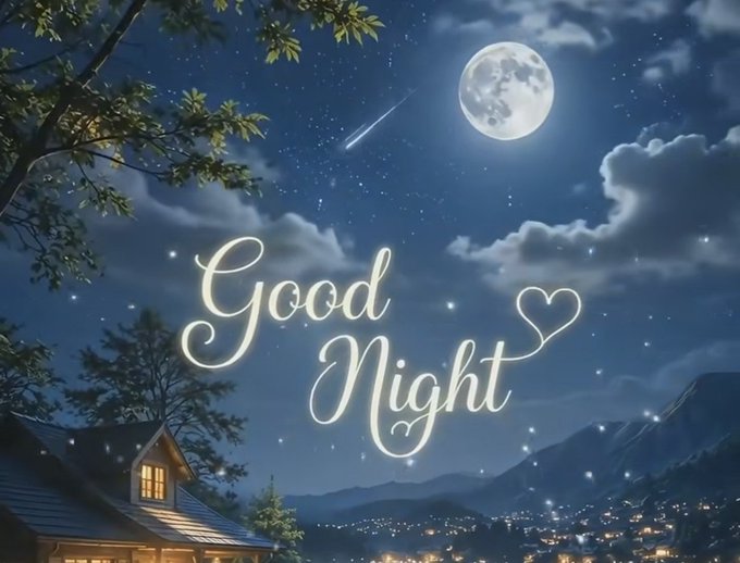 A 'Good Night' greeting card shows a glowing cursive script and heart over a moonlit village scene with a full moon, shooting star, and a small cabin.