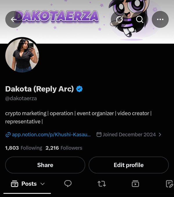A Twitter/X profile page for 'Dakota (Reply Arc)' (@dakotaerza), described as working in crypto marketing, operation, event organizing, and video creation, with 2,216 followers.