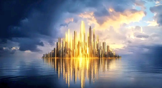 The image features a cityscape with tall buildings, including skyscrapers that are illuminated by bright lights. The sky above the city has clouds, creating an atmospheric setting for the scene. The photo appears to be taken from a distance or at a high angle, providing a comprehensive view of the city and its surroundings.