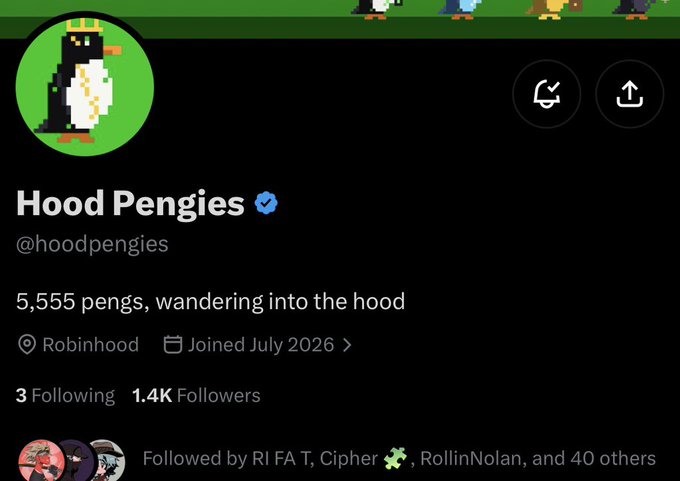 A Twitter/X profile page for "Hood Pengies" (@hoodpengies) showing a verified badge, 1.4K followers, a bio reading "5,555 pengs, wandering into the hood," with location listed as Robinhood and joined July 2026. The profile aligns with the accompanying post's details, confirming the 5,555 supply, Robinhood chain, and TBA marketplace while reinforcing the early-stage positioning call to followers.