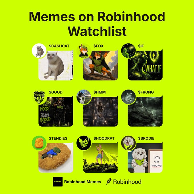 Promotional graphic titled 'Memes on Robinhood Watchlist' displaying nine meme tokens: $CASHCAT, $FOX, $IF, $GOOD, $HMM, $FRONG, $TENDIES, $HOODRAT, $BRODIE.
