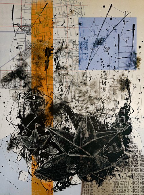 An abstract mixed-media artwork features black ink splatters, collaged architectural plans, an orange vertical stripe, and stylized eyes on a white background.